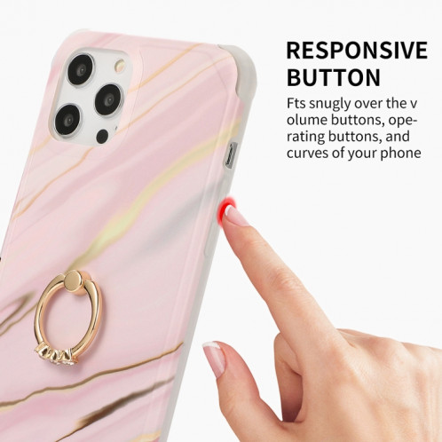 Étui de couverture arrière en marbre en marbre d'or de quatre coins à flux d'or avec anneau en strass en métal pour iPhone 13 Pro (rose) SH202E28-07