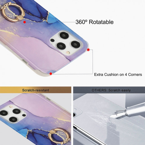 Housse de couverture arrière en marbre au dossier en marbre d'or de quatre coins de seconde coins avec une bague en strass en métal pour iPhone 13 Pro (Bleu) SH202F1441-07