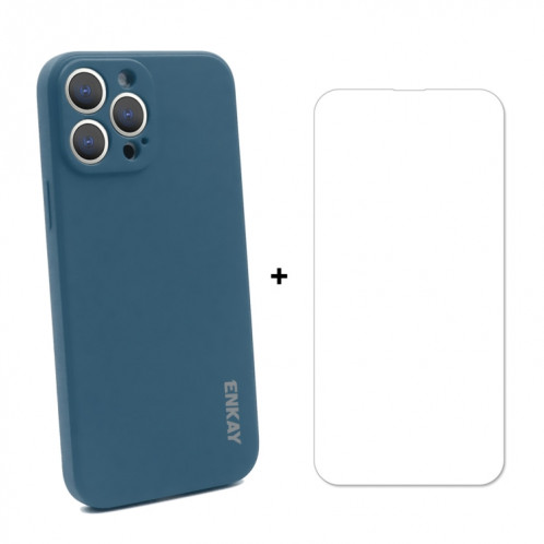 Hat-Prince Enkay Silicone Liquide Cas de protection antichoppes Couvercle de protection chute + protecteur d'écran de verre trempé 9H pour iPhone 13 Pro (Bleu foncé) SE101C289-08