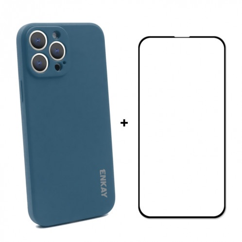 Hat-Prince Enkay Enkay Silicone de protection antichoppes Couvercle de protection chute + Plein de protection en verre trempé pour iPhone 13 Pro (Bleu foncé) SE501C216-08