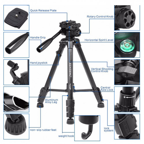 YUNTENG VCT-880 Support de trépied en alliage d'aluminium avec tête tridimensionnelle de trépied SH69381273-07
