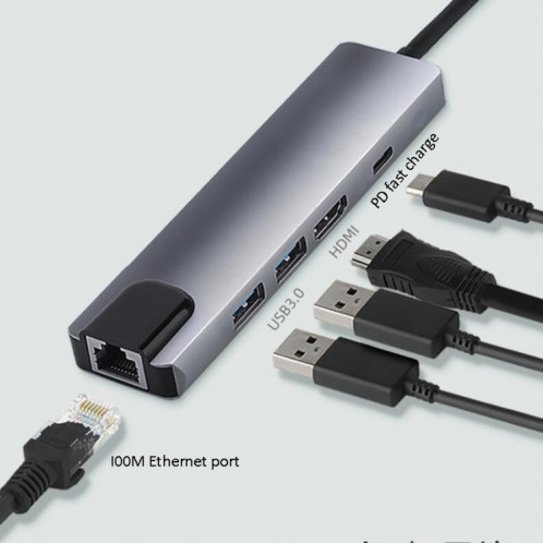 5 sur 1 USB Type-C à RJ45 + USB3.0 x 2 + Adaptateur de moyeu PD + HDMI SH70341118-05