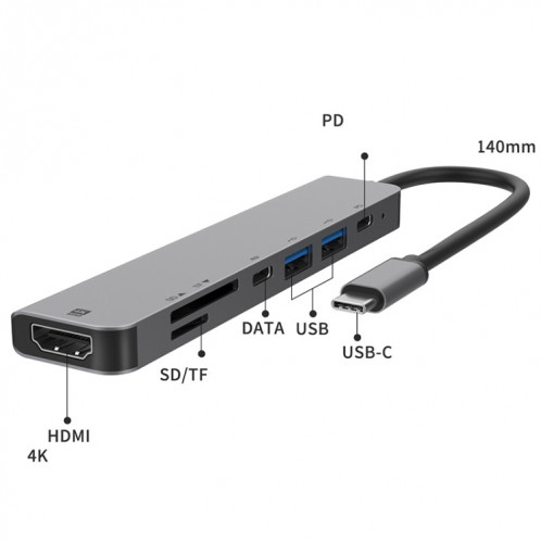 UC902 7-IN-1 Multi-fonction HDMI + SD / TF + USB X 2 + Type-C + PD sur le moyeu en alliage d'aluminium USB-C / Type-C SH71941843-04
