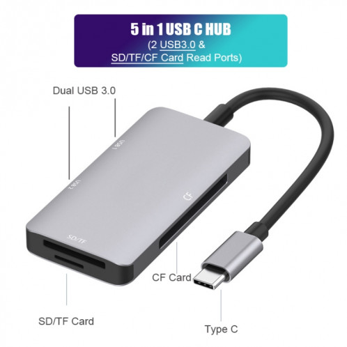 Adaptateur Hub de lecture de données 5 en 1 avec une carte SD / TF / CF, Dual USB3.0 ports SH72201443-06
