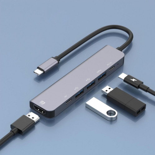 6-en-1 Type-C à HDMI + PD + Type-C + USB3.0 + USB2.0 x 2 Adaptateur hub de station d'accueil SH72301132-05