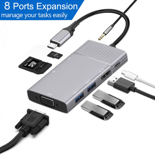 8 en 1 Type-C à HDMI + Type-C + USB X 2 + VGA + SD + TF + 3,5mm Hub Adaptateur SH7264128-05