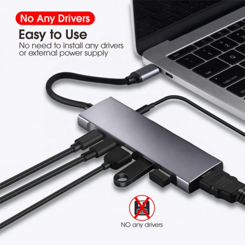 9-en-1 USB Type-C à HDMI + USB3.0x3 + Adaptateur de moyeu audio de type-C + PD + SD / TF + SH72921351-06