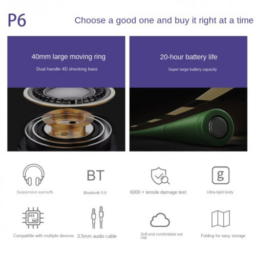 P6 Bluetooth 5,1 casque stéréo sans fil avec microphone (noir) SH701A1321-07