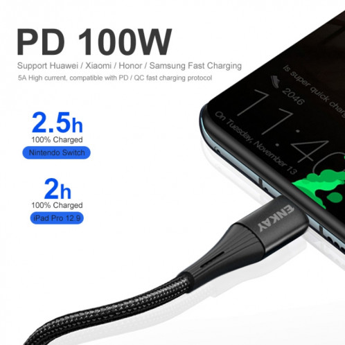 Enkay PD100W 5A USB-C / TYPE-C vers le câble de charge rapide de type C avec marqueur électronique, longueur: 1M SE75011245-09