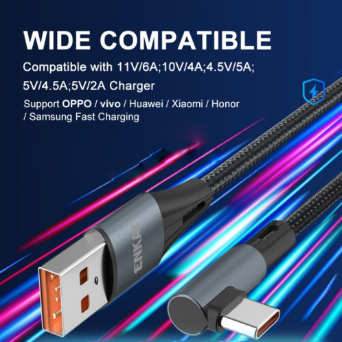 Enkay 66W USB vers USB-C / TYPE-C ELBOW 6A Protocole complet Câble de données de charge rapide, longueur: 2m (noir) SE602A1501-07