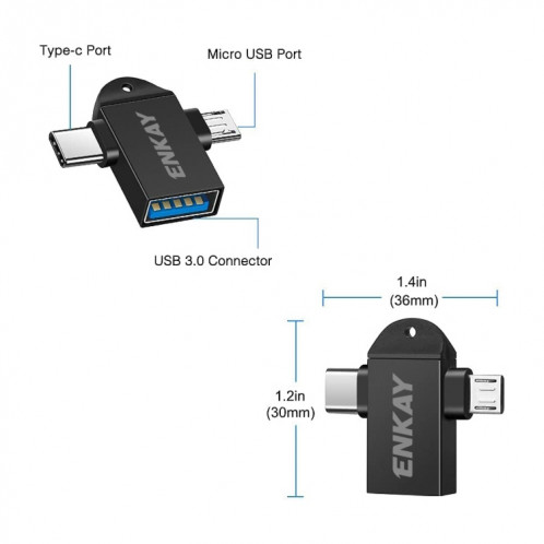 ENKAY ENK-AT112 2 IN 1 TYPE-C + Micro USB vers USB 3.0 Adaptateur OTG en alliage en aluminium (noir) SE801A968-06
