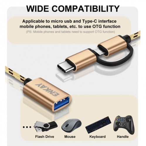 ENKAY ENK-AT113 2 IN 1 TYPE-C / Micro USB vers USB 3.0 Câble adaptateur OTG tressé en nylon (or) SE901B1215-07