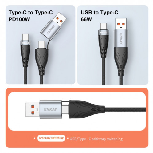 ENKAY Hat-Prince 1m PD100W 2 en 1 USB 3.0 / Type-C vers Type-C 6A Câble de Données de Charge Super Rapide SE860197-08