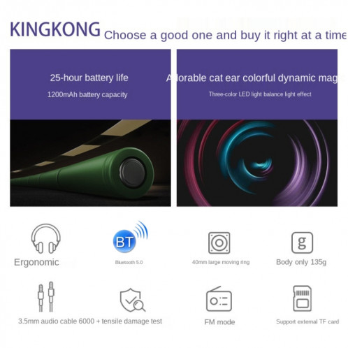 Casque de jeu lumineux RVB sans fil Bluetooth Kingkong avec prise en charge de la radio TF/FM SH9315967-07