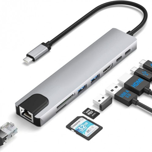 DS-20808 Adaptateur multiport hub USB-C / Type-C 8 en 1 avec HDMI 4K, lecteur de carte SD/TF USB 3.0, dongle USB C pour MacBook Pro/Air et autres appareils de type C SH95681291-06