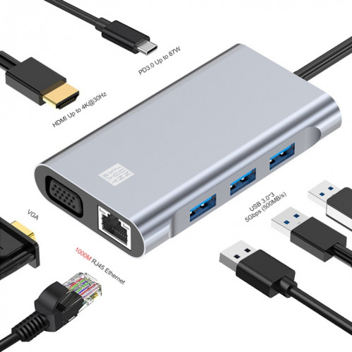 JUNSUNMAY Adaptateur de station d'accueil Ethernet 7 en 1 Type-C vers 4K HDMI / VGA / 1000M Hub USB C SJ03981442-08