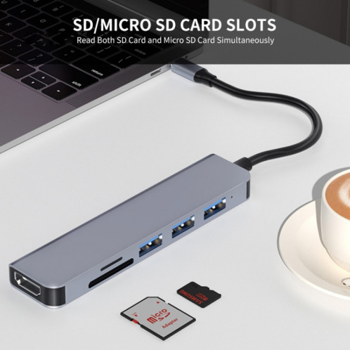 JUNSUNMAY 6 en 1 Type-C vers 4K Adaptateur de station d'accueil HDMI Hub USB-C Lecteur de carte SD/TF SJ0402659-08