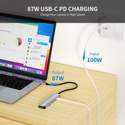 JUNSUNMAY 6 en 1 Type-C vers 4K Adaptateur de station d'accueil HDMI USB-C PD Hub de charge rapide Lecteur de carte SD / TF SJ04031323-09