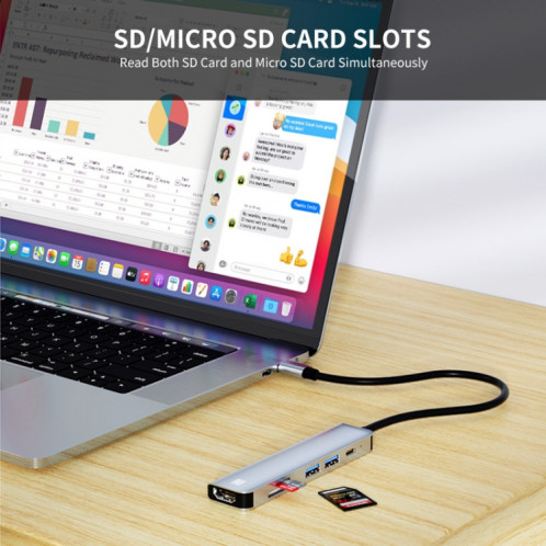 JUNSUNMAY 6 en 1 Type-C vers 4K Adaptateur de station d'accueil HDMI USB-C PD Hub de charge rapide Lecteur de carte SD / TF SJ04031323-09
