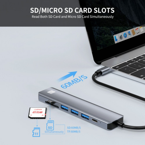 JUNSUNMAY 7 en 1 Type-C vers 4K Adaptateur de station d'accueil HDMI PD Hub de charge rapide Lecteur de carte SD / TF SJ04261414-09