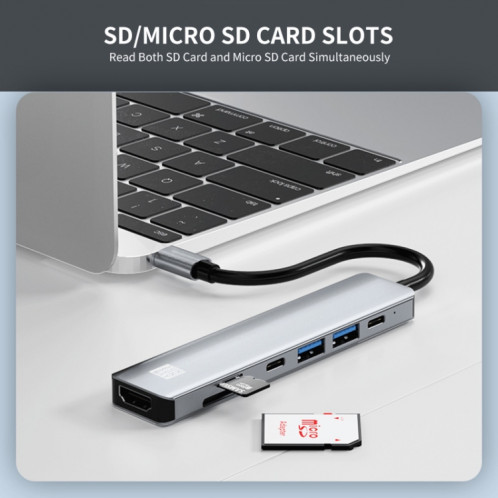 JUNSUNMAY 7 en 1 Type-C vers 4K Adaptateur de station d'accueil HDMI PD Hub de charge rapide Lecteur de carte SD / TF SJ0427188-08