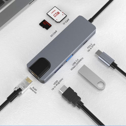 JUNSUNMAY 6 en 1 Type-C vers 4K HDMI/Ethernet Adaptateur de station d'accueil PD Hub de charge rapide Lecteur de carte SD/TF SJ0429471-07