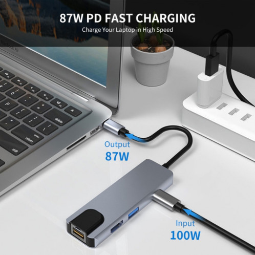 JUNSUNMAY 6 en 1 Type-C vers 4K HDMI/Ethernet Adaptateur de station d'accueil PD Hub de charge rapide Lecteur de carte SD/TF SJ0429471-07