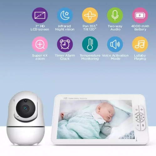 SM70PTZ 7 pouces écran 2.4GHz moniteur numérique sans fil pour bébé, vision nocturne automatique/interphone vocal bidirectionnel (prise ue) SH301B846-07