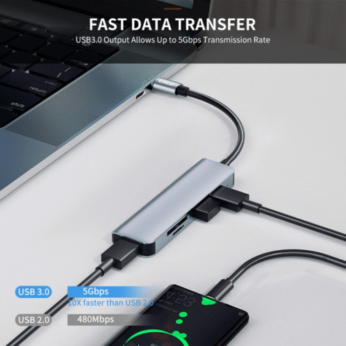 ENKAY Hat-Prince Adaptateur de station d'accueil 5 en 1 HUB Lecteur de carte SD/TF, Interface : Type-C SE13021060-07