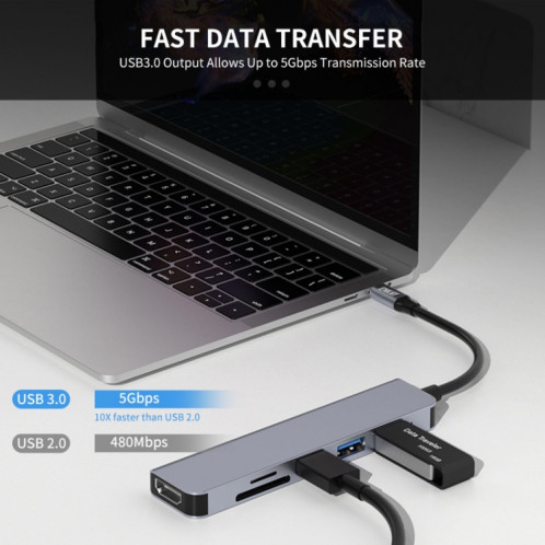 ENKAY Hat-Prince 6 en 1 Type-C vers 4K Adaptateur de station d'accueil HDMI Hub USB-C Lecteur de carte SD/TF SE06271804-08