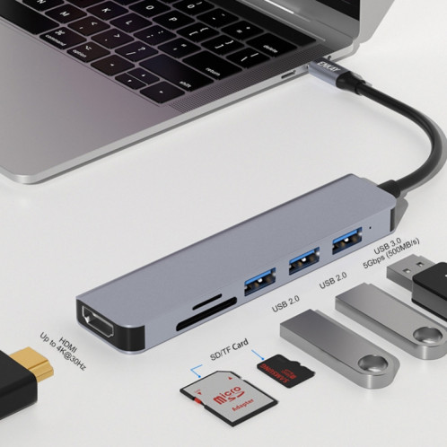 ENKAY Hat-Prince 6 en 1 Type-C vers 4K Adaptateur de station d'accueil HDMI Hub USB-C Lecteur de carte SD/TF SE06271804-08