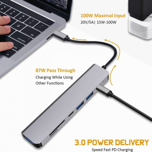 Hub USB C Adaptateur multiport USB C 7 en 1 avec HDMI 100 W PD et lecteur de carte SD/TF SH07131010-07