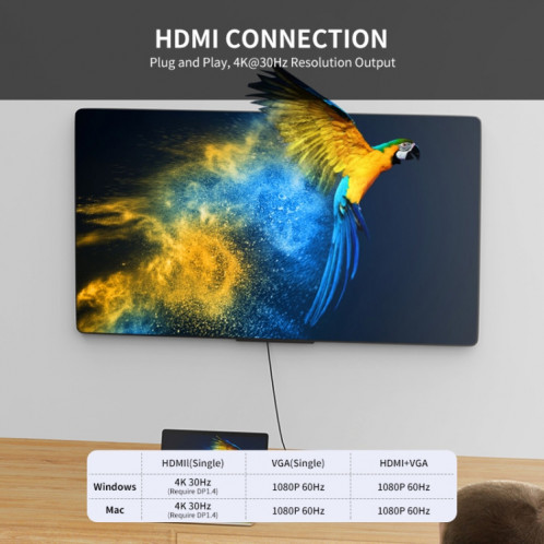 JUNSUNMAY Adaptateur de station d'accueil 8 en 1 Type-C vers 4K HDMI + VGA Hub de charge rapide PD SJ0761856-010