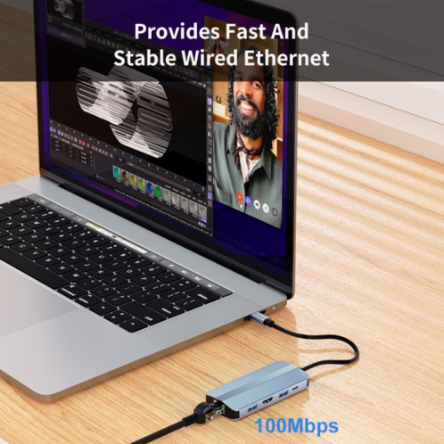 JUNSUNMAY 8 en 1 Type-C vers 4K HDMI + RJ45 Adaptateur de station d'accueil pour concentrateur Ethernet SJ0776647-08