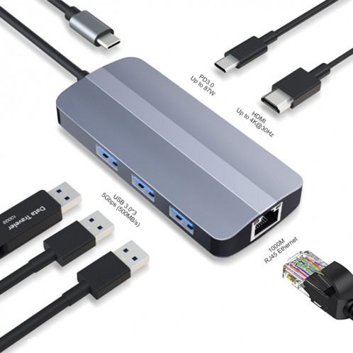 JUNSUNMAY 6 en 1 Type-C vers 4K HDMI + 1000M RJ45 Adaptateur de station d'accueil pour concentrateur Ethernet SJ0777608-08