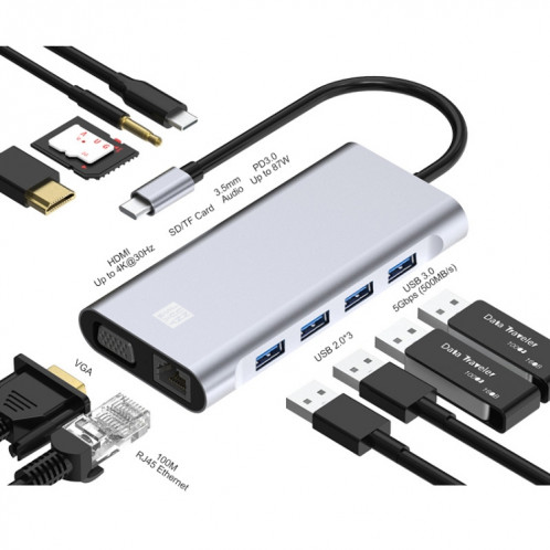 JUNSUNMAY 11 en 1 Type-C vers 4K HDMI + VGA + RJ45 Adaptateur de station d'accueil PD Hub de charge rapide SJ0783418-08