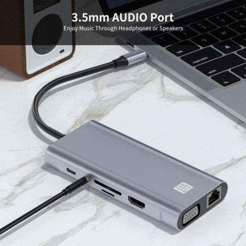 JUNSUNMAY 11 en 1 Type-C vers 4K HDMI + VGA + RJ45 Adaptateur de station d'accueil PD Hub de charge rapide SJ0783418-08