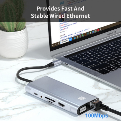 JUNSUNMAY 11 en 1 Type-C vers 4K HDMI + VGA + RJ45 Adaptateur de station d'accueil PD Hub de charge rapide SJ0783418-08