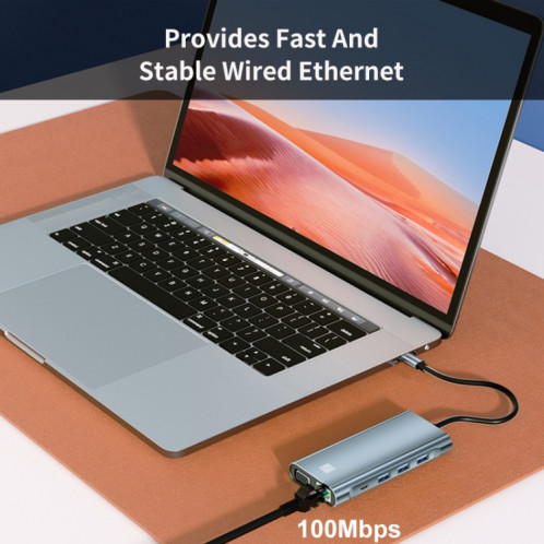 JUNSUNMAY 10 en 1 Type-C vers 4K HDMI + VGA + RJ45 + Adaptateur de station d'accueil audio 3,5 mm PD Hub de charge rapide Lecteur de carte SD / TF SJ0784678-08
