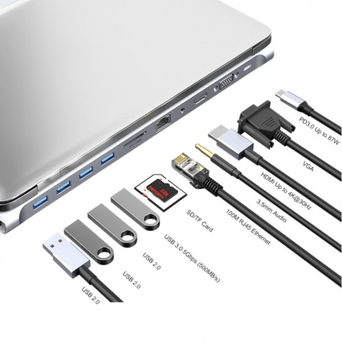 JUNSUNMAY 11 en 1 Multifonctionnel USB C Hub Adaptateur de Station d'accueil Lecteur de Carte SD/TF SJ07861815-08