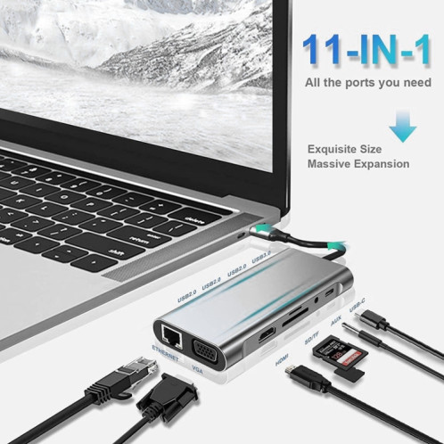 HUB USB C, Adaptateur USB C 11 en 1 Dongle avec 4K HDMI, VGA, Type C PD, USB3.0, Ethernet RJ45, Lecteur de carte SD/TF, AUX 3,5 mm, Station d'accueil compatible avec MacBook Pro/Air, Autre Type CAppareils portables SH0851362-011