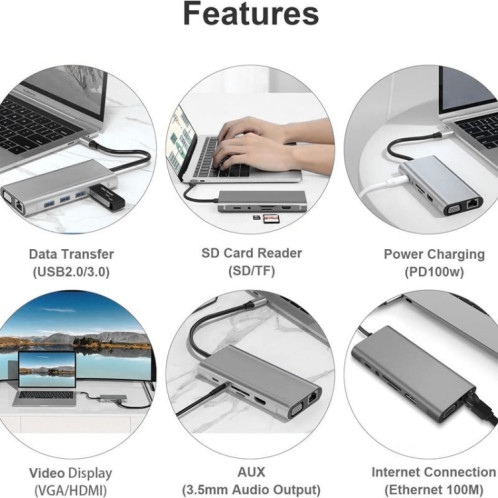 HUB USB C, Adaptateur USB C 11 en 1 Dongle avec 4K HDMI, VGA, Type C PD, USB3.0, Ethernet RJ45, Lecteur de carte SD/TF, AUX 3,5 mm, Station d'accueil compatible avec MacBook Pro/Air, Autre Type CAppareils portables SH0851362-011