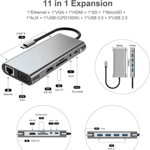 HUB USB C, Adaptateur USB C 11 en 1 Dongle avec 4K HDMI, VGA, Type C PD, USB3.0, Ethernet RJ45, Lecteur de carte SD/TF, AUX 3,5 mm, Station d'accueil compatible avec MacBook Pro/Air, Autre Type CAppareils portables SH0851362-011