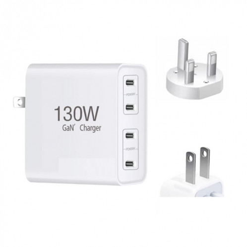 Chargeur GaN130W 4 ports USB-C PD65W / PD30W multi-ports Type-C pour ordinateur portable, prise UK / US SH90031095-07