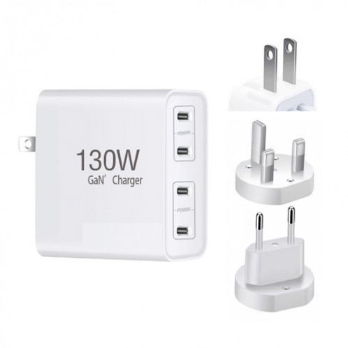 Chargeur GaN130W 4 ports USB-C PD65W / PD30W multi-ports Type-C pour ordinateur portable, / UK / US SH900578-07