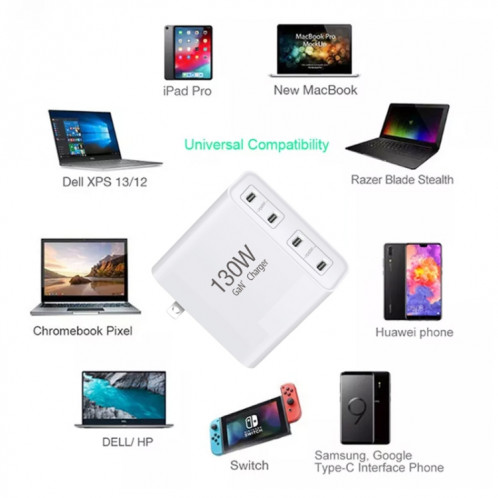 Chargeur GaN130W 4 ports USB-C PD65W / PD30W multi-ports Type-C pour ordinateur portable, / UK / US SH900578-07