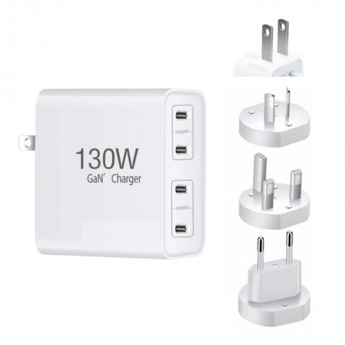 Chargeur GaN130W 4 ports USB-C PD65W / PD30W multi-ports Type-C pour ordinateur portable, / UK / AU / US SH90061076-07