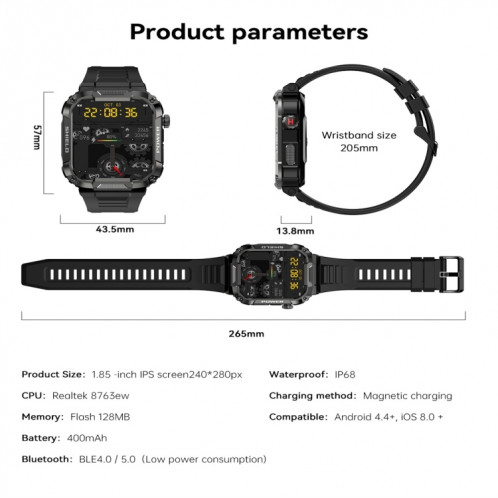 MK66 Montre intelligente à écran couleur de 1,85 pouces, prend en charge la surveillance de la fréquence cardiaque / la surveillance de la pression artérielle (noir) SH301A1010-09