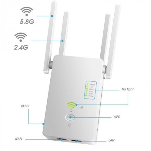 U6 5Ghz Répéteur WiFi sans fil 1200Mbps Routeur Wifi Booster 2.4G Extension longue portée () SH101B504-07