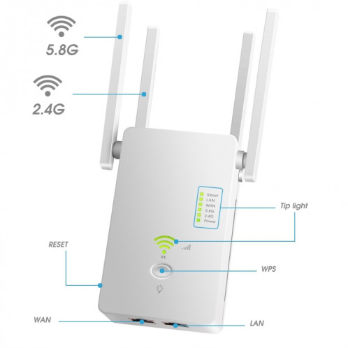 U6 5Ghz Répéteur WiFi sans fil 1200Mbps Routeur Wifi Booster 2.4G Extension longue portée (prise UE) SH101B504-07
